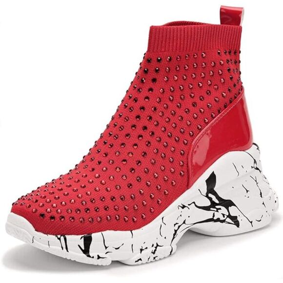 Shoes - Platform Boots Wedge Sneakers Studded Rhinestone Ankle Boots Chunky Red Size 10